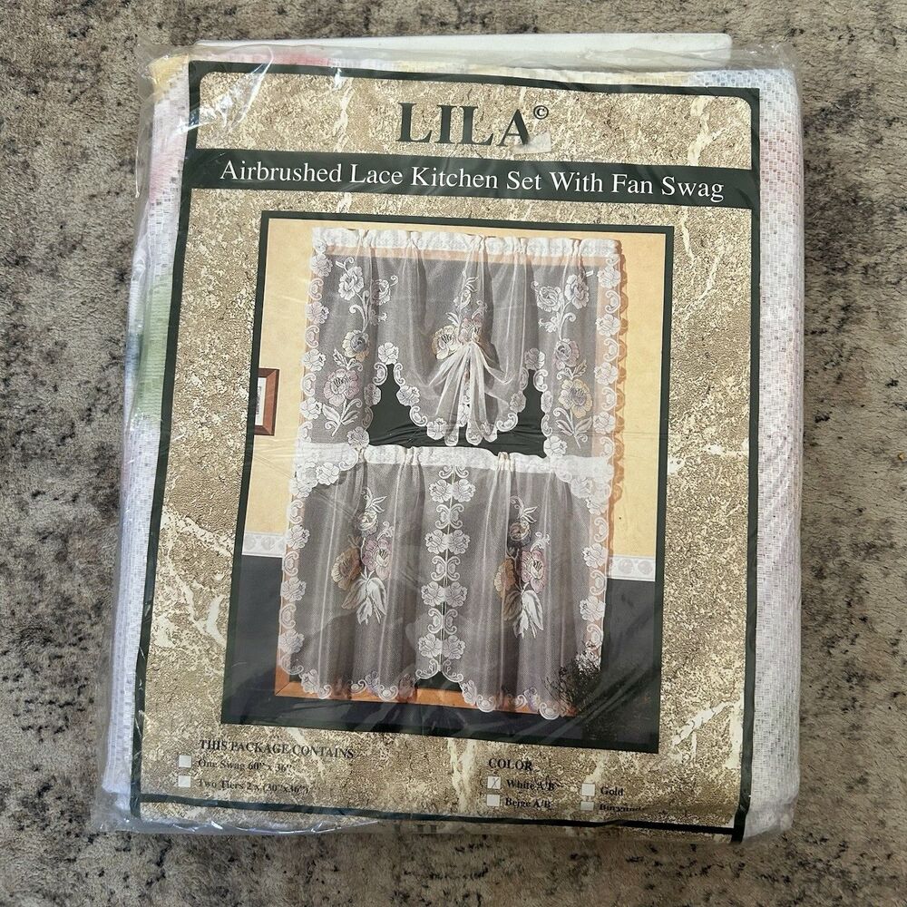 Vtg White Lace Floral Window Valance Two Tiers Fan Swag Lila Cottagecore